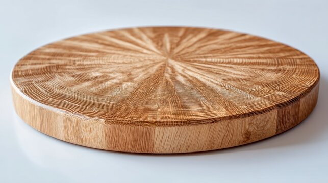 Round wooden cutting board with radial grain pattern. Textured oak serving tray isolated on white background. Kitchen utensil for food presentation and culinary preparation design.