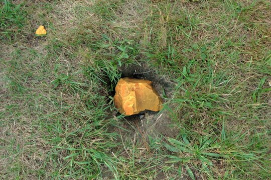Gold meteorite fell from sky on grass.
