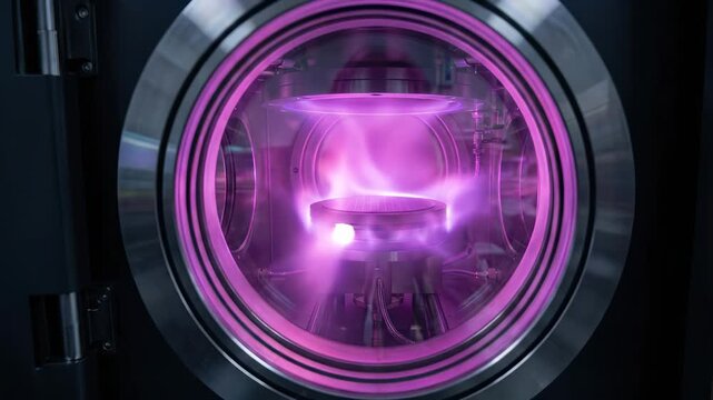 Glowing Purple Plasma Inside a Vacuum Chamber for Semiconductor Manufacturing