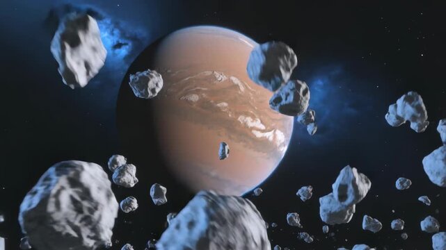 Camera initiating forward sweep through asteroid belt, revealing orange gas giant and blue nebula