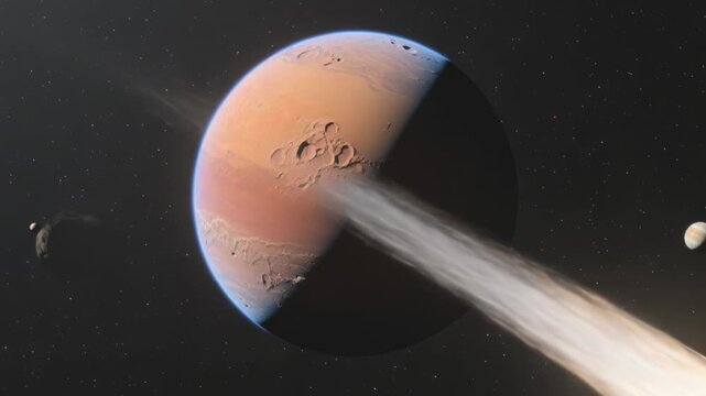 Showing reddish planet being crossed by asteroid entering upper-left, on orbit with gas giants