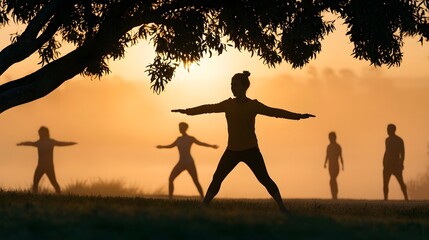 Fototapeta premium An inspi nal fitness scene bathed in soft dawn light conveys a dynamic and motivational atmosphere