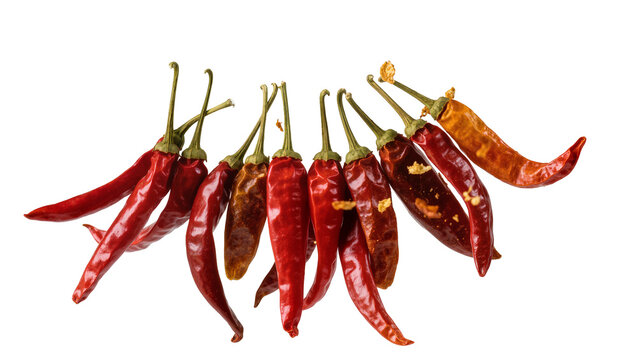 Group of dried red chili peppers, isolated on transparent background
