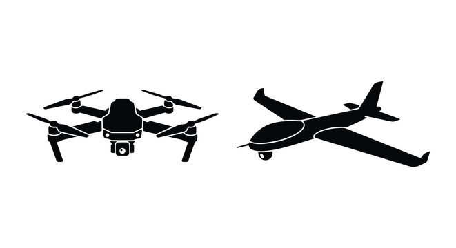 Two unmanned aerial vehicles a quadcopter and fixed wing drone in black silhouette uav fixed wing