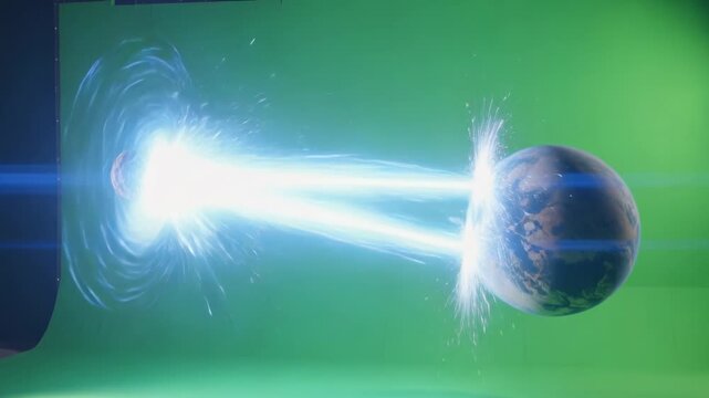 Receiving textured planet absorbing twin beams from charging orb on greenscreen, copy space