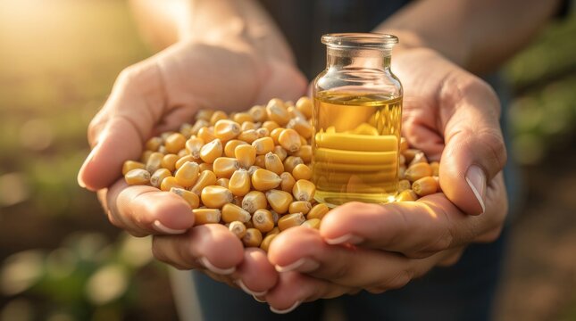 Hands holding corn seeds and corn oil in a small glass bottle