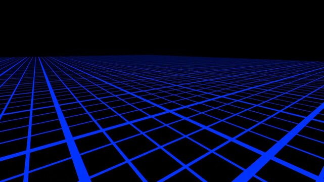 Grid lines stretch across a deep black horizon to simulate a digital environment.