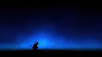 Fototapeta premium Silhouette of a person holding a staff in a dark blue atmosphere