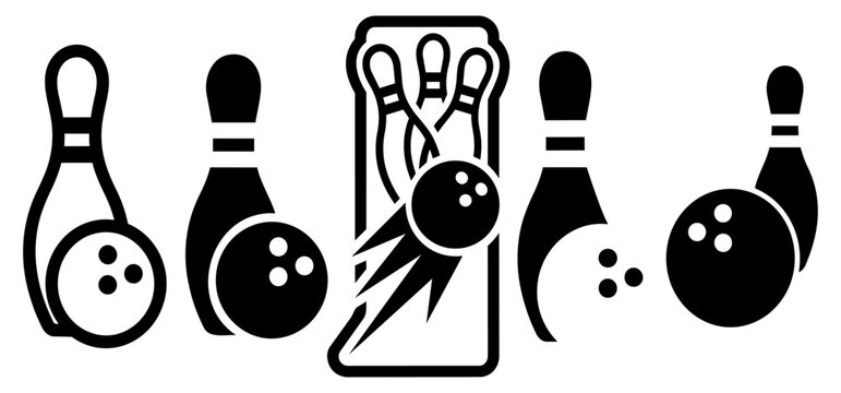 Collection of bowling game icons showing pins, ball, and strike