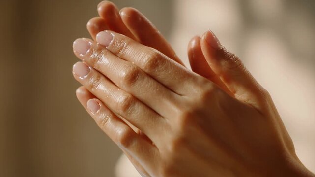 Macro motion of hands rubbing cream into skin with natural finger movements, slow texture shifts and warm sun highlights for a tactile feel.