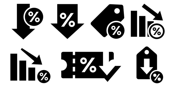 Collection of discount, sale, and percentage reduction glyph icons