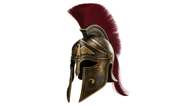 Ancient Greek Corinthian helmet with red plume, isolated on transparent background