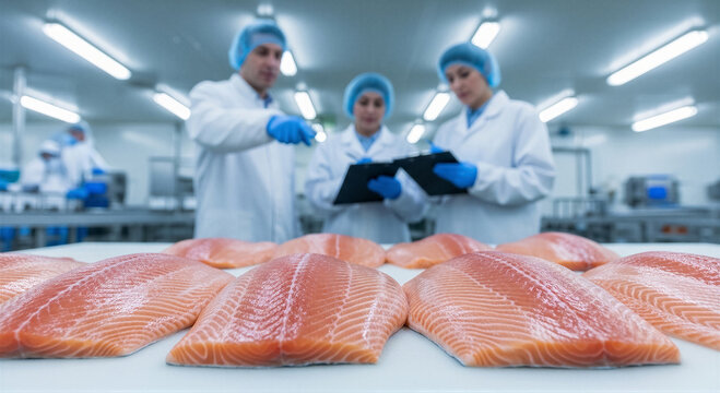 Quality control inspectors examining fresh salmon fillets in a modern food processing plant with sterile environment and protective gear