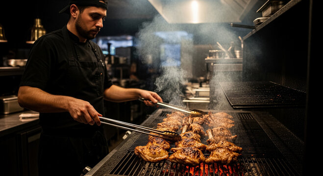 Professional chef grilling chicken thighs on a charcoal grill in a commercial kitchen