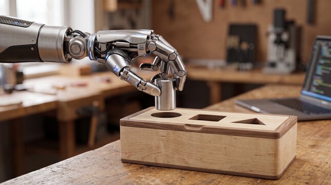 A futuristic robotic hand placing a cylindrical metal block into a wooden shape sorter box, demonstrating machine learning and dexterity in a workshop.