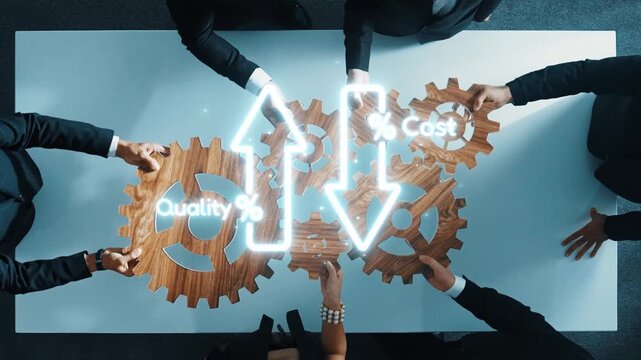 A business team collaborates on cost and quality analysis, using gears as symbols in a modern office setting, showcasing strategic planning and efficiency improvement. Raster