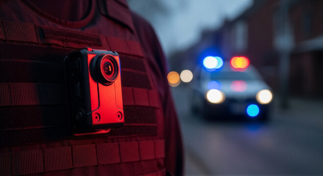 Police officer wearing a body camera with a patrol car in the background at night with flashing emergency lights