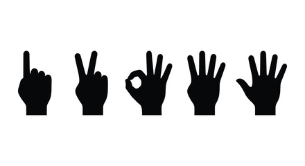 Obraz premium Five hand gestures in black silhouette against a white background silhouette hands gesture pointing victory