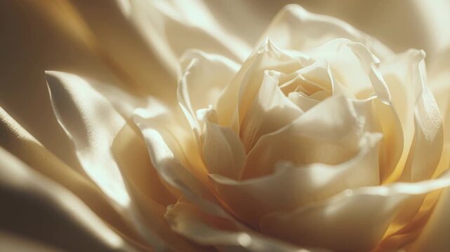 Macro timelapse of a white flower bud gradually opening into bloom, with warm sun highlights and creamy shallow focus