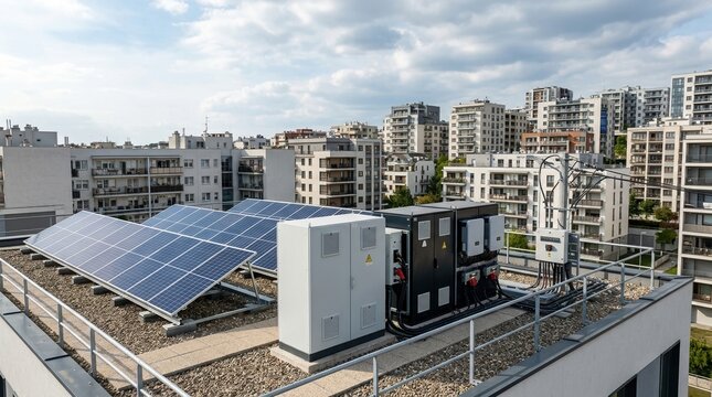Solar panel installation on an urban apartment building rooftop. Renewable energy system with photovoltaic panels and inverters in a city. Sustainable green technology for residential housing