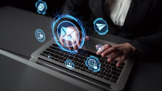 Email icons show digital communication, email service, and inbox management. Email supports online messaging, email notification, and secure exchange. Funnel