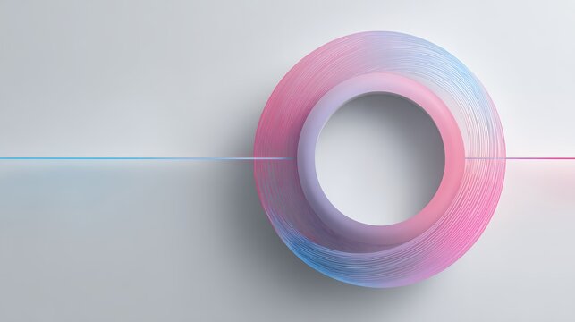 Abstract 3D geometric composition with a sleek ring and fine wireframe threads in soft pink and blue gradients, modern futuristic art.