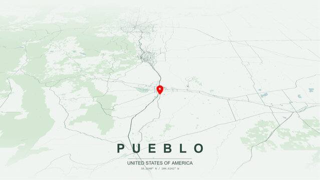 Modern minimalist vector map of Pueblo, Colorado, USA. High-quality scalable illustration of Pueblo city grid, Arkansas River waterfront layout, Interstate 25, US Route 50 for posters design.