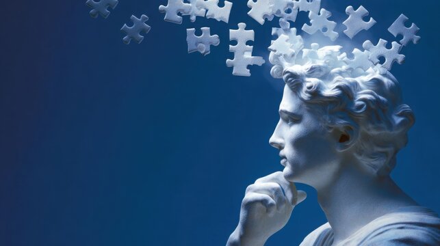 White marble statue contemplating glowing floating puzzle pieces around head, deep blue background, critical thinking concept, hyper realistic