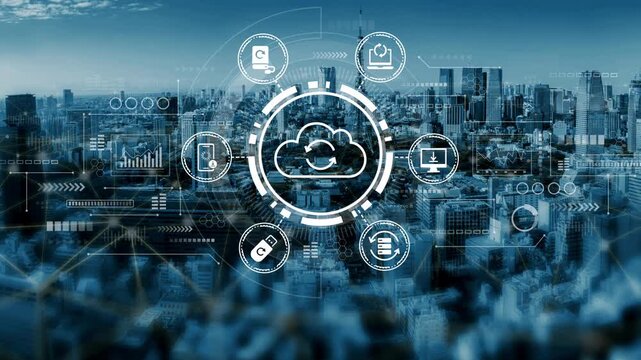 Futuristic Urban Landscape with Cloud Computing and Digital Technology Icons Illustrating Modern Communication and Data Management Concepts. Entropy.