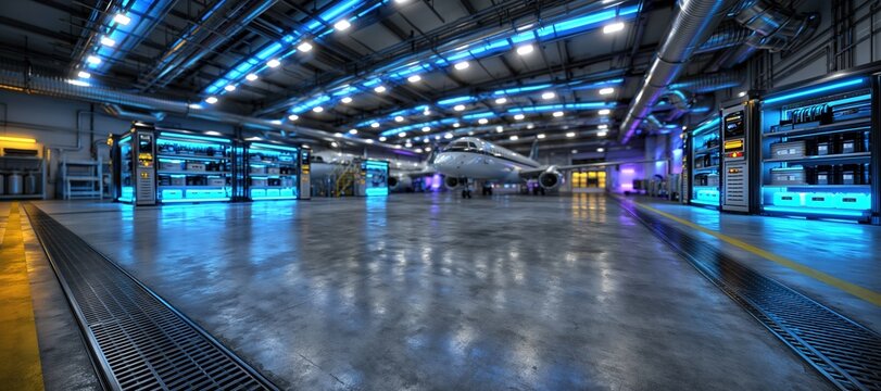 Airport maintenance bay with generic aircraft and automated inventory shelves