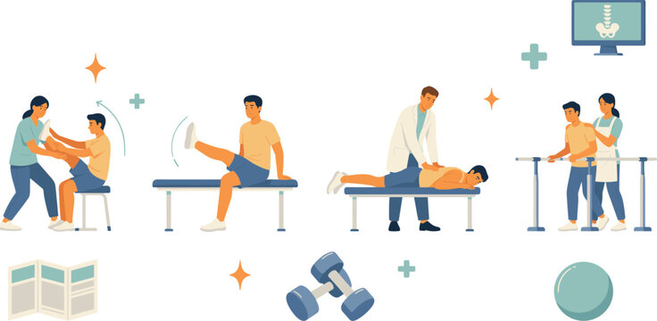 Physical Therapy and Rehabilitation Center Vector Set with Physiotherapists Helping Patients Leg Stretching Massage Parallel Bars Exercises and Medical Equipment