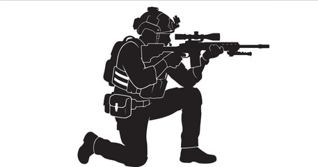 Fototapeta premium Silhouette of soldier kneeling, aiming rifle in also transparent background, black and white line