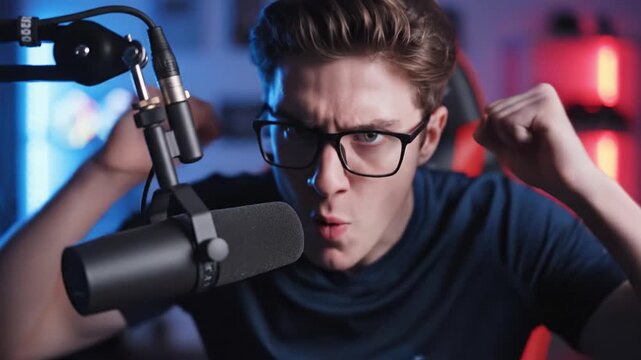 Young man with glasses reacts intensely while speaking into a professional microphone. Energetic gaming or podcasting atmosphere with neon lights. Ideal for social media or tech content.