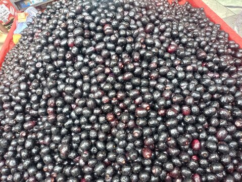 Fresh washed Jamun fruits with water droplets
