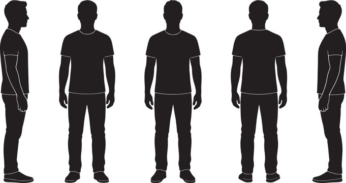 Silhouette sequence of person walking in five progressive traced outlines, also transparent background, black and white