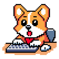 Obraz premium A small corgi dog is sitting at a desk and typing on a keyboard. The dog has orange and white fur and looks focused. The setting is bright and playful, typical of cartoon art
