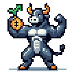 Obraz premium A bull stands confidently with a coin in one hand, symbolizing growth and strength. The bull flexes its muscles, showcasing power in a colorful pixel art design