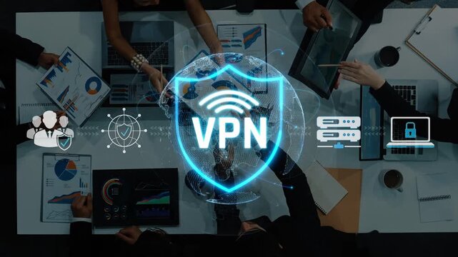 Secure Virtual Private Network Concept with Diverse Business People Working Together in Modern Office Setting on Digital Devices and Analyzing Data Charts Sigmoid