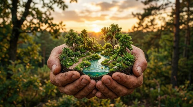 Hands holding a miniature natural landscape with trees and a stream