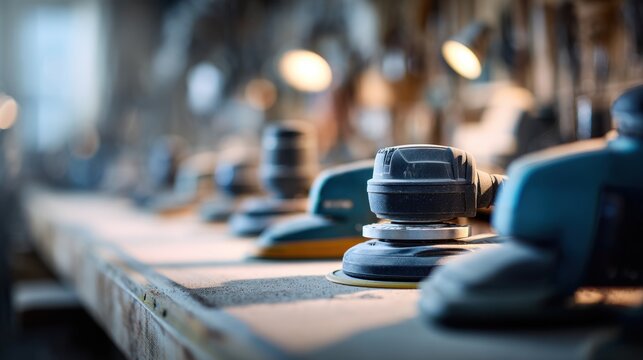 Row of handheld power sanders lined up on a dusty wooden workbench illuminated by warm lights in a carpentry workshop with blurred background details