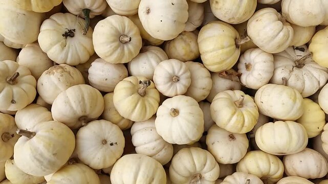 White pumpkins are stacked in a rustic wooden crate, showcasing their unique shapes and textures, creating a visually appealing autumn harvest scene filled with natural beauty