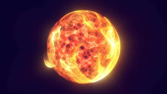 Fiery orange holographic energy sphere with molten plasma texture, glowing particles, and radiant futuristic atmosphere.