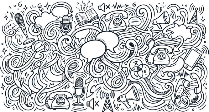 Communication and media network hand drawn doodle background concept with communication connection telephone microphone broadcasting handdrawn megaphone conversation transmission