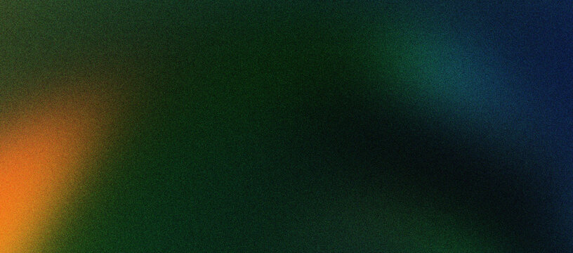 Abstract grainy gradient background with soft light leaks. Dark green and blue textured backdrop with orange glow. Cinematic film grain texture for modern graphic design and web wallpaper.