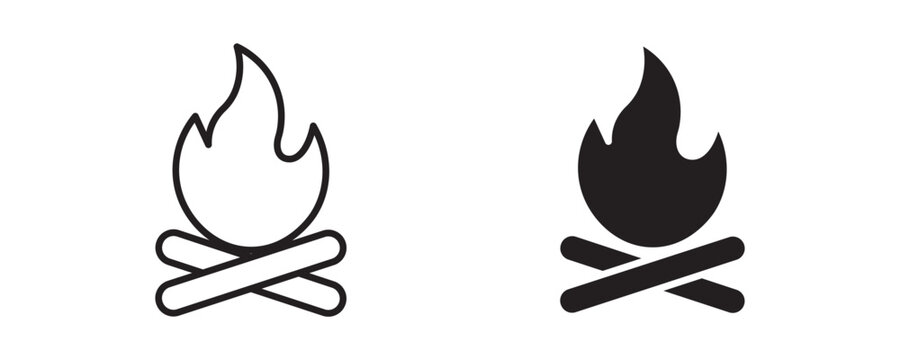 campfire Icon Set in Outline and Solid Style, Vector Illustration
