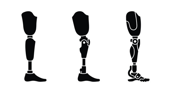 Three Prosthetic Legs In Black Silhouette Against A White Background Silhouette leg artificial limb prosthesis