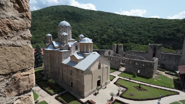 Despotovac, Serbia - August 08, 2025: Orthodox Monastery of Manasija in Serbia, a view of the monastery grounds
