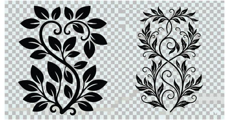Fototapeta premium Black Floral Vine and Leaf Ornament Set - Elegant Silhouette and Baroque Vector Designs 