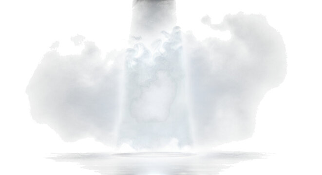 A bright vertical beam of light shining through a dark cavern opening, illuminating a misty ground surface with contrast shadows