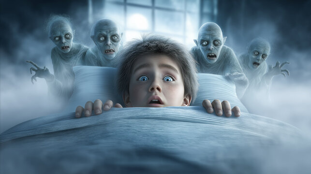Scared child hiding under blanket at night seeing imaginary monsters in a dark room. Concept of fear, nightmares, anxiety and childhood imagination